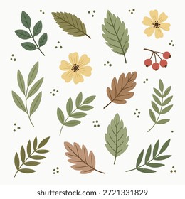 Conjunto de Vector pastel tiza dibujado a mano de Elementos de doodle pastel al óleo con hojas, flores y bayas sobre un fondo blanco con un estilo de ilustración suave y colorido.