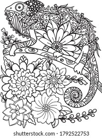 Hand drawn Chameleon doodle with flower decorative elements. Animal coloring page for adults and kids. Vector Illustration.