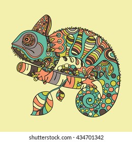 Hand drawn chameleon. Ethnic tribal styled pattern. Colored zentangle lizard. Boho design. Vector.