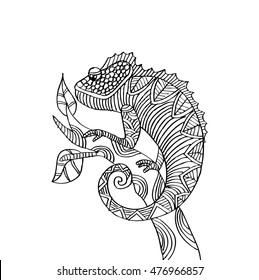 Hand drawn chameleon zentangle style.