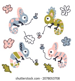 Hand drawn chameleons doodle collection. Perfect for T-shirt, stickers, textile and print. Cartoon style vector  illustration for decor and design.