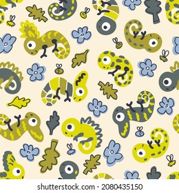Hand drawn chameleons in exotic nature seamless pattern. Perfect for T-shirt, fabric, textile and print. Doodle vector illustration for decor and design.
