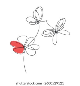 Hand drawn chamomile flower butterfly vector. One line continuous floral drawing. Cartoon botanical illustration, abstract print, banner, card, doodle, logo, sign, symbol, icon, camomile silhouette.