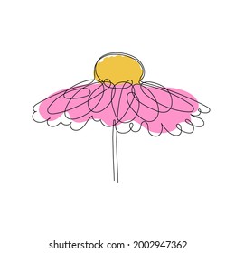 Hand drawn chamomile flower, one-line art, stylized daisy continuous outline with colored spots. Doodle, sketch style, minimalism.Isolated. Vector illustration