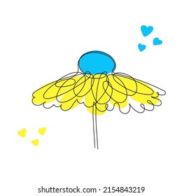 Hand drawn chamomile flower, one-line art, blue-yellow daisy continuous outline. Symbol of Ukraine national freedom and independence.Doodle, sketch style, minimalism.Isolated.Vector illustration
