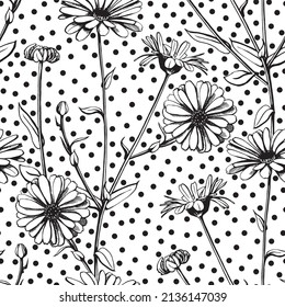 Hand drawn Chamomile flowers with dots seamless pattern.