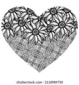 hand drawn chamomile flowers forming a heart and seamless tile for coloring on a white background, coloring vector