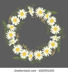 Hand drawn Chamomile flowers wreath on grey background. Spring summer decor frame. Vector illustration. Design element for invitations, greeting cards, cosmetic and other.