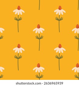 Hand Drawn Chamomile Plant Seamless Pattern. Vibrant Summer Background with Cute Daisy Flowers on Yellow. Colorful Floral Repeat vector illustration