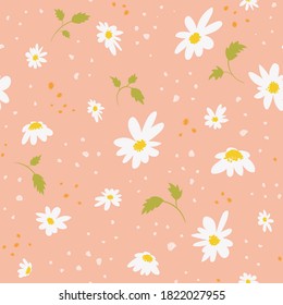 Hand drawn chamomile seamless pattern.Summer endless background in delicate shades with inflorescences and leaves of daisies.Floral botanical backdrop.Wallpaper with flowers.Vector illustration