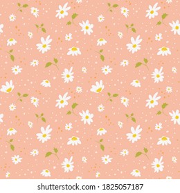 Hand drawn chamomile seamless pattern.Summer endless background in delicate shades with inflorescences and leaves of daisies.Floral botanical backdrop.Wallpaper with flowers.Vector illustration