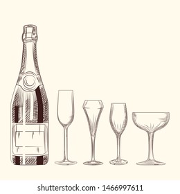 Hand Drawn Champagne Bottle And Glass. Engraving Style On White Background. Isolated Objects. Vector Illustration