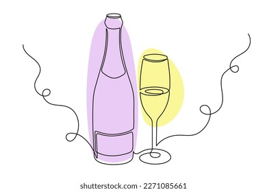 Hand drawn champagne bottle and glass one line art,continuous drawing contour.Cheers toast festive decoration for holidays,romantic Valentine's Day design.Trendy template for web.Editable stroke.