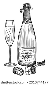 Hand drawn Champagne bottle opened and glass