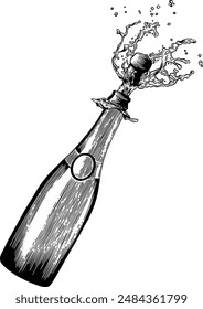 Hand drawn Champagne Bottle Popping Sketch Illustration