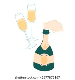 hand drawn champagne bottle and two glasses on a white background