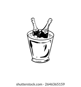 Balde de champanhe desenhado à mão com gelo. Vinho espumante refrigerando na cesta. Prosecco desenho refrigerador. Ilustração vetorial em estilo de esboço. Natal, Ano Novo, aniversário, festa de solteira celebração