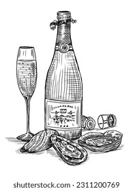 Hand drawn Champagne and fresh oyster