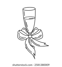 Hand drawn champagne glass with liquid and decorative bow. Black and white sketch style. Monochrome palette. Suitable for wedding invitation, greeting card, holiday design, print, coloring