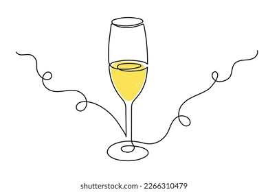 Hand drawn champagne glass one line art,continuous drawing contour.Cheers toast festive decoration for holidays,romantic Valentine's Day design.Trendy template for web.Editable stroke.Vector