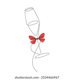 Hand drawn champagne glass red ribbon bow. Vector one line continuous drawing. Christmas holiday linear icon. Festive print, poster, postcard, greeting card, cartoon, doodle, anniversary celebration