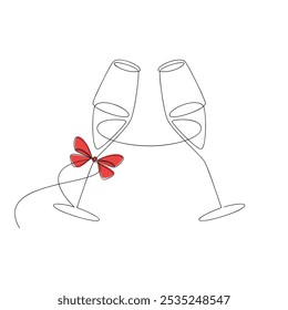 Hand drawn champagne glass red ribbon bow. Vector one line continuous drawing. Christmas holiday linear icon. Festive print, poster, postcard, greeting card, cartoon, doodle, anniversary celebration