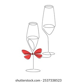 Hand drawn champagne glass red ribbon bow. Vector one line continuous drawing. Christmas holiday linear icon. Festive print, poster, postcard, greeting card, cartoon, doodle, anniversary celebration