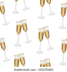 Hand drawn champagne glasses. Vector illustration. Pattern design for wrapping paper. Merry christmas and happy new year