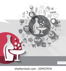 Hand drawn champagne icons with food icons background. Vector illustration