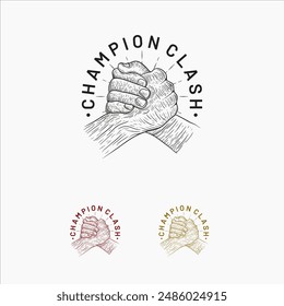 Hand Drawn Champion Clash logo template, Sketch Strong Arm Wrestling Fighting Doodle Hand Drawing Illustration