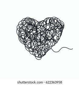 Hand drawn chaotic doodle in form of heart isolated on white background. Graphic design element. Vector illustration.