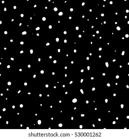Hand drawn chaotic dots, spots and blobs vector seamless pattern. Monochrome abstract background, cosmos, snowfall illustration. Endless texture for website, banner, print, decoration, cover, wrapping