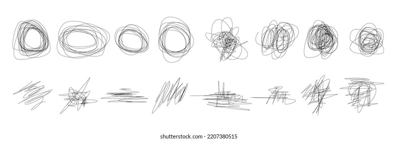 Hand drawn chaotic scribbles. Vector set of abstract mess line doodles, frames, design elements