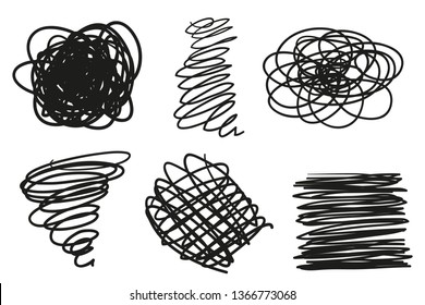 Hand drawn chaotic shapes on isolated white background. Abstract symbols. Wavy tangled backdrops. Elements for posters and flyers. Black and white illustration