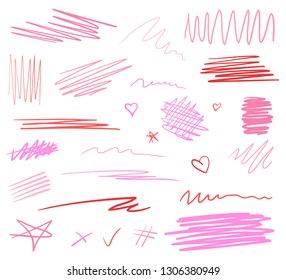 Hand drawn chaotic shapes and underlines on white. Abstract backgrounds with array of lines. Stroke chaotic patterns. Colorful illustration. Sketchy elements for posters and flyers