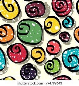 Hand drawn chaotically polka dot pattern with circles and grunge background.