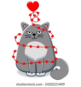 Handgezeichnete Charaktersammlung mit wütender, verärgerter Katze mit Entkoration für Valentinstag und Liebe. Vectordesign-Konzept Vector Objekt in Cartoon Sketch-Stil. Weihnachtsaufschriften 