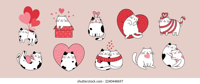 Colección de personajes dibujada a mano con lindos gatos para el Día de San Valentín. Concepto de diseño de vectores. Estilo de caricatura de ilustración de esquema.