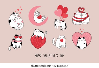 Hand drawn character collection with cute funny cats for Valentine's Day. Vector design concept. Outline illustration cartoon style.