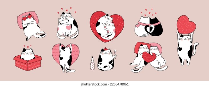 Colección de personajes dibujados a mano con lindos gatos para el Día de San Valentín y el Amor. Concepto de diseño de vectores. Estilo de caricatura de ilustración de esquema.