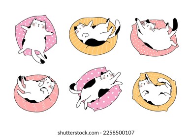 Hand drawn character collection with cute cats lying on the pillow. Adorable kittens sleeping on cosy pet cushion. Vector design concept. Outline illustration cartoon style.