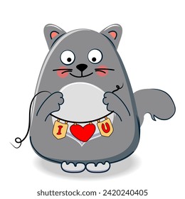 Handgezeichnete Charaktersammlung mit süßer Katze mit Entkoration für Valentinstag und Liebe. Vektordesign-Konzept. Vektorgrafik im Stil von Cartoon-Skizze. Urlaubsinschriften zum Valentinstag.