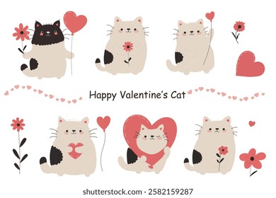 Hand drawn character collection with cute cats for Valentine's Day. Vector design concept.  cat illustrations with hearts, flowers, and balloons