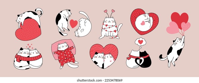 Colección de personajes dibujada a mano con graciosos y lindos gatos para el Día de San Valentín y el Amor. Concepto de diseño de vectores. Estilo de caricatura de ilustración de esquema.