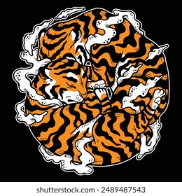 hand drawn character design illustration of Two tiger cubs sleeping in a circle with smoke