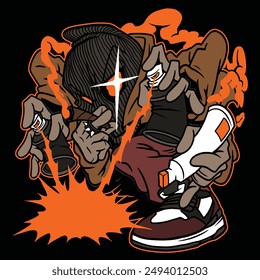 hand drawn character design illustration of graffiti writer with spray paints, smoke and marker for graphic tees