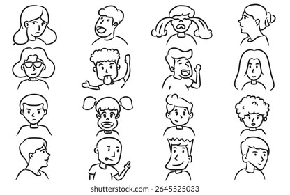 Hand Drawn Character Faces Icon Set. Cartoon Doodle People Expressions.