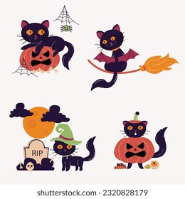 Hand drawn character Halloween cat. Cat in different poses