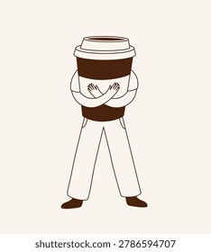 Hand drawn character hugging a giant takeaway coffee cup with crossed arms vector illustration. Doodle mascot for branding, cafe, menu design