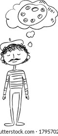 hand drawn character, painter with thinking bubble, cartoon style
